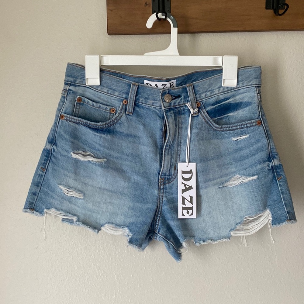 High waisted light wash denim shorts with tags